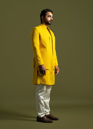 Yellow linen satin achkan set