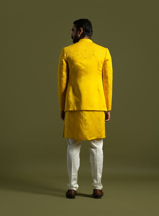 Yellow linen satin achkan set