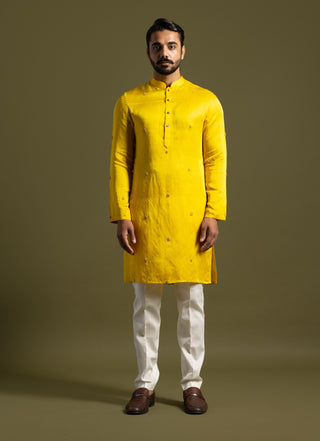 Yellow linen satin kurta and cream pants