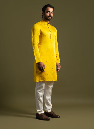 Yellow linen satin kurta and cream pants