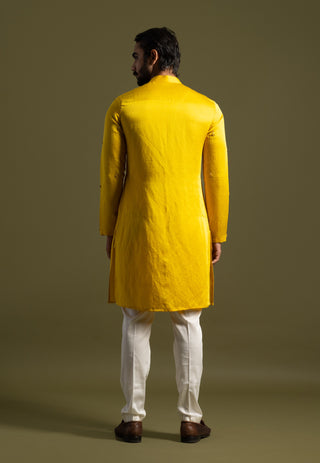 Yellow linen satin kurta and cream pants