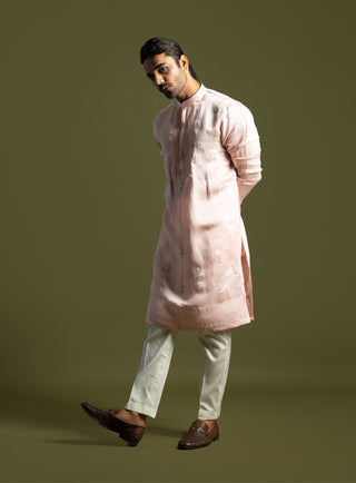 Powder pink linen satin kurta and pants