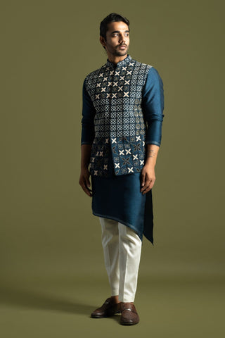 Teal blue silk nehru jacket set