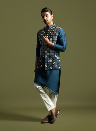 Teal blue silk nehru jacket set