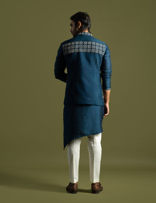 Teal blue silk nehru jacket set