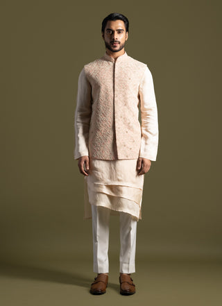 Peach silk nehru jacket set