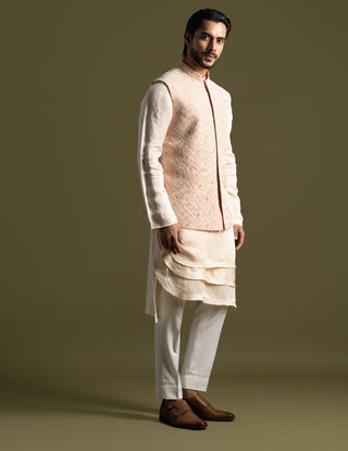 Peach silk nehru jacket set