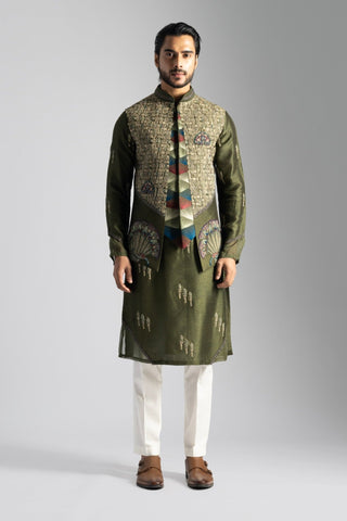 Olive green nehru jacket and kurta set