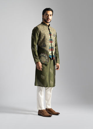 Olive green nehru jacket and kurta set