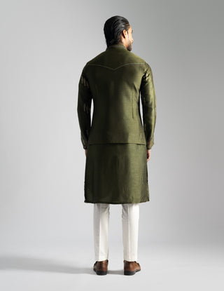 Olive green nehru jacket and kurta set