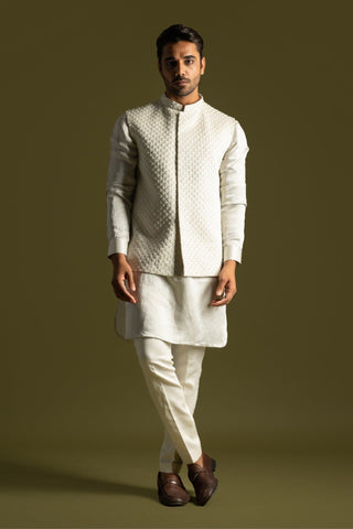 Gray linen satin nehru jacket and kurta set