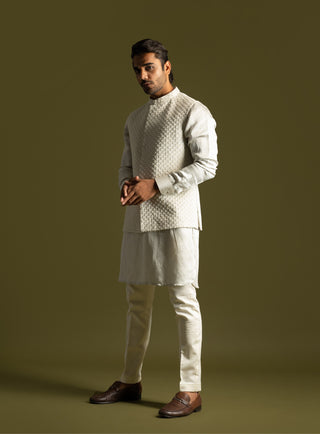 Gray linen satin nehru jacket and kurta set