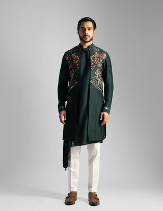 Emerald green long open nehru jacket and kurta set