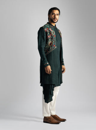 Emerald green long open nehru jacket and kurta set