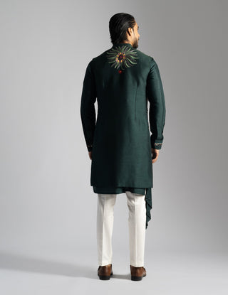 Emerald green long open nehru jacket and kurta set