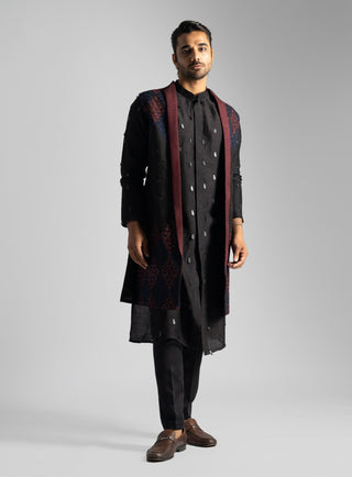 Dark brown open long nehru jacket and kurta set