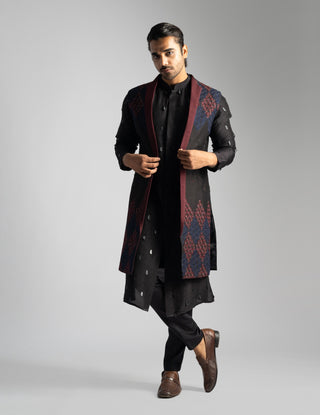 Dark brown open long nehru jacket and kurta set