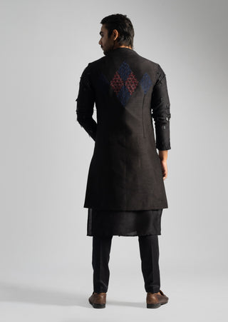 Dark brown open long nehru jacket and kurta set