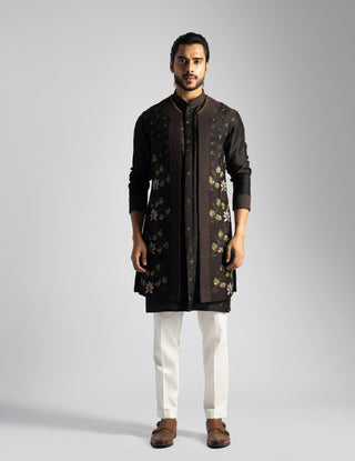 Dark brown open nehru jacket and kurta set