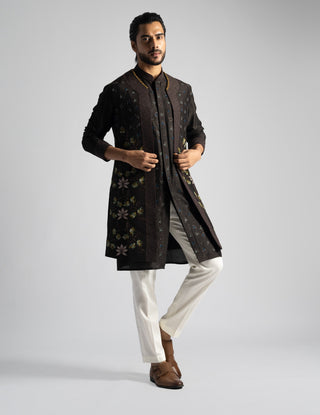 Dark brown open nehru jacket and kurta set