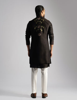 Dark brown open nehru jacket and kurta set