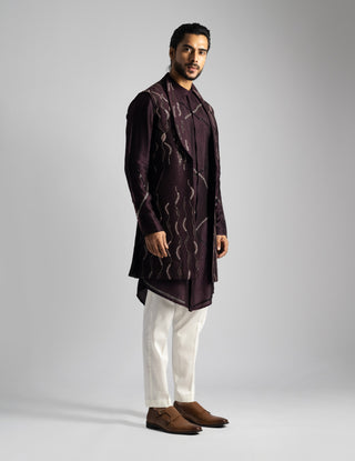 Plum long nehru jacket and kurta set