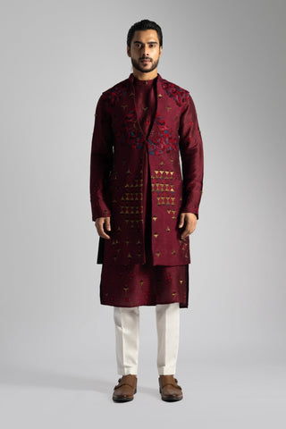 Deep red long nehru jacket and kurta set