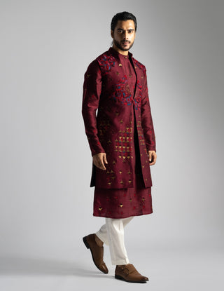 Deep red long nehru jacket and kurta set