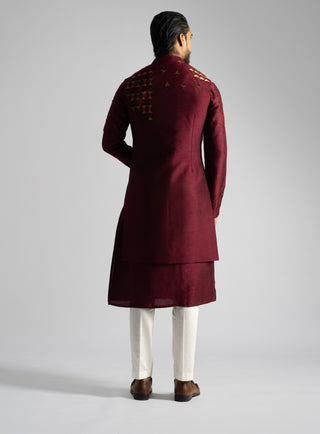 Deep red long nehru jacket and kurta set