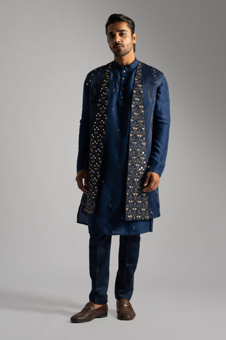 Bright blue long nehru jacket and kurta set