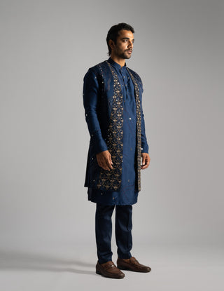 Bright blue long nehru jacket and kurta set