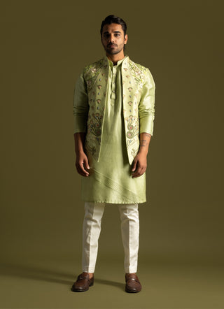 Pistachio green open nehru jacket and kurta set