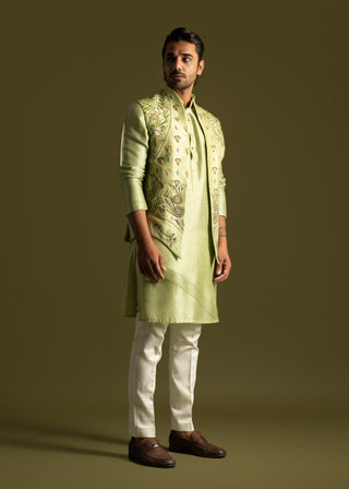 Pistachio green open nehru jacket and kurta set