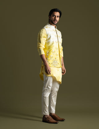 Cream to yellow nehru jacket and kurta set