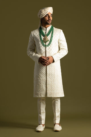 Ivory tonal threadwork sherwani set