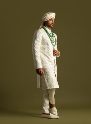 Ivory tonal threadwork sherwani set