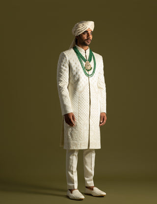 Ivory tonal threadwork sherwani set