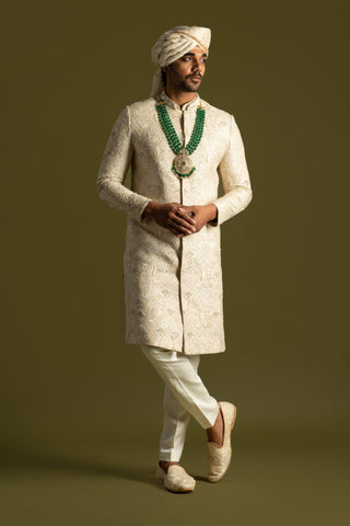 Cream bamberg silk sherwani set