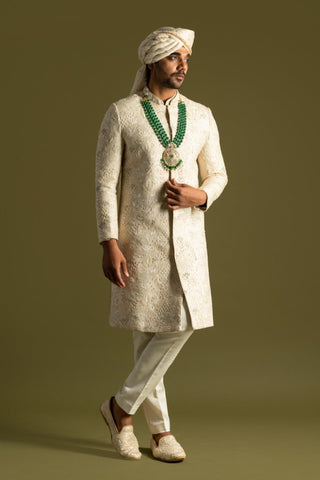 Cream bamberg silk sherwani set