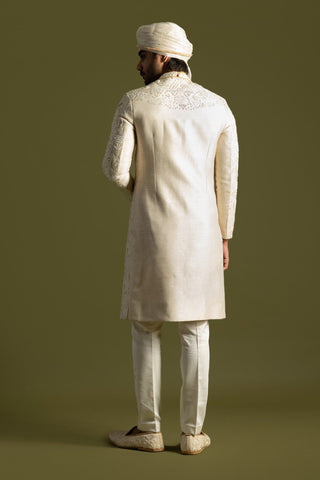 Cream bamberg silk sherwani set