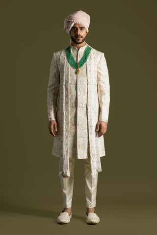 Cream raw silk sherwani set