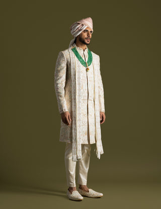 Cream raw silk sherwani set