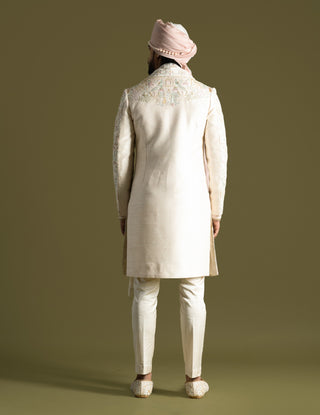 Cream raw silk sherwani set