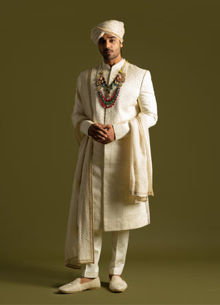 Ivory tonal threadwork sherwani set