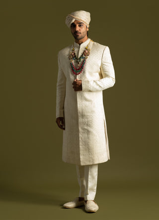 Ivory tonal threadwork sherwani set