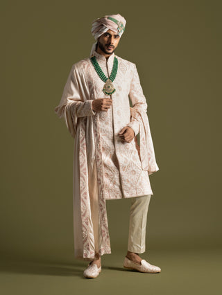 Powder pink threadwork sherwani set