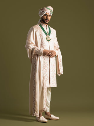 Powder pink threadwork sherwani set