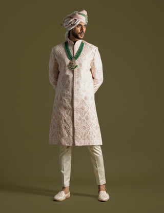 Powder pink threadwork sherwani set