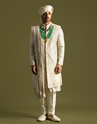 Beige threadwork sherwani set