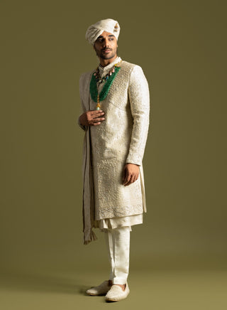 Beige threadwork sherwani set